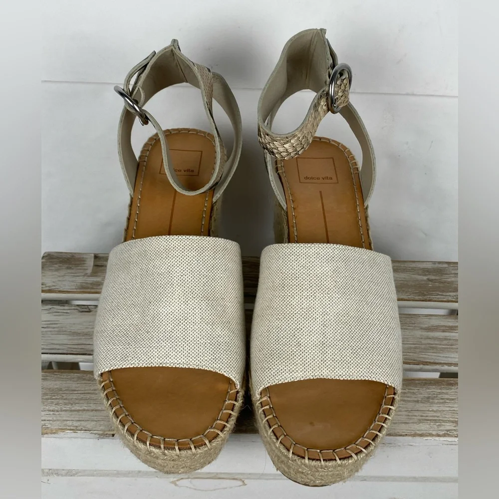 Dolce Vita Lesly espadrille wedge sandal beige snakeskin-print ankle strap Sz 10